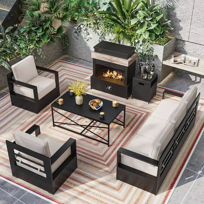 UPTIOT 5-Piece Outdoor Set: 3-Seat Sofa, 2 Chairs, Fire Table & Coffee Table with Waterproof Olefin Fabric for Patio/Backyard