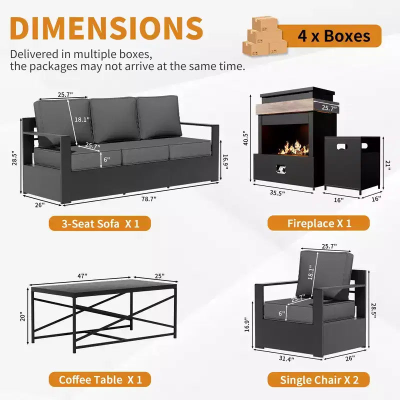 UPTIOT 5-Piece Outdoor Set: 3-Seat Sofa, 2 Chairs, Fire Table & Coffee Table with Waterproof Olefin Fabric for Patio/Backyard