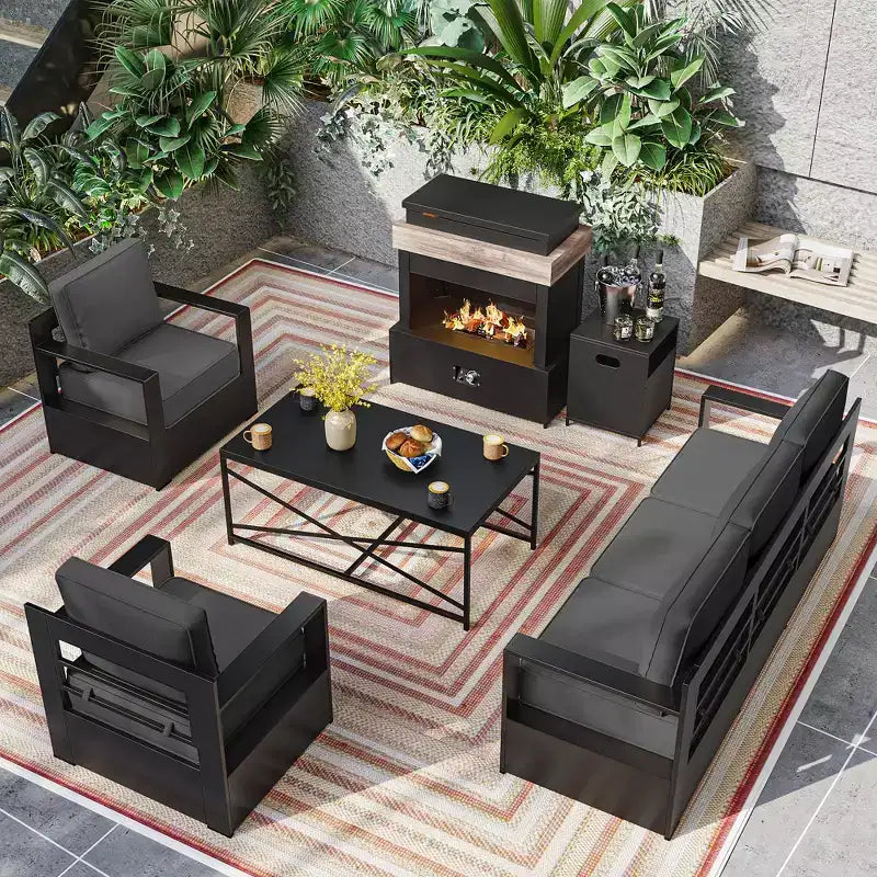 UPTIOT 5-Piece Outdoor Set: 3-Seat Sofa, 2 Chairs, Fire Table & Coffee Table with Waterproof Olefin Fabric for Patio/Backyard