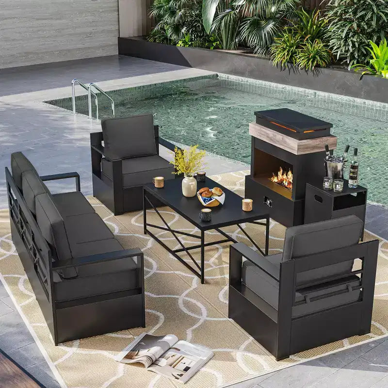 UPTIOT 5-Piece Outdoor Set: 3-Seat Sofa, 2 Chairs, Fire Table & Coffee Table with Waterproof Olefin Fabric for Patio/Backyard