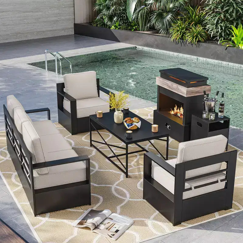 UPTIOT 5-Piece Outdoor Set: 3-Seat Sofa, 2 Chairs, Fire Table & Coffee Table with Waterproof Olefin Fabric for Patio/Backyard