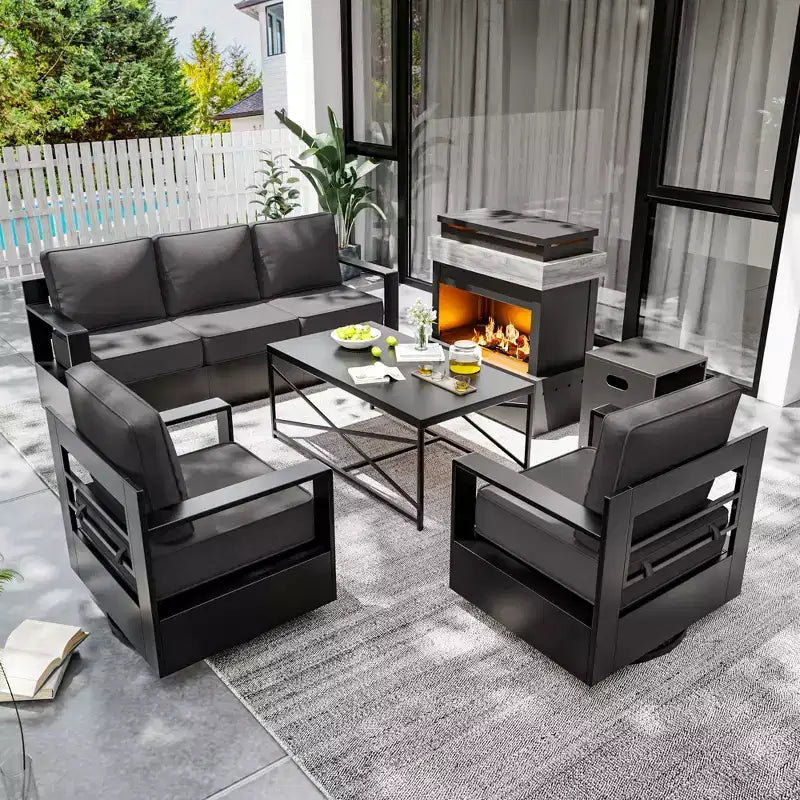 UPTIOT 5-Piece Patio Set: 3-Seat Sofa, 2 Swivel Chairs, Fire Table & Coffee Table with UV-Resistant Olefin Fabric