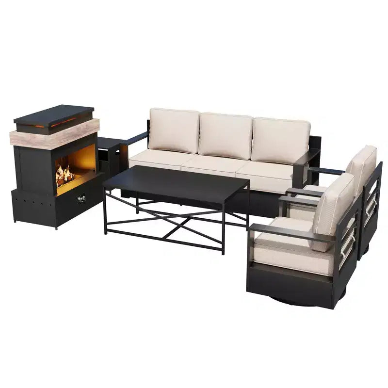 UPTIOT 5-Piece Patio Set: 3-Seat Sofa, 2 Swivel Chairs, Fire Table & Coffee Table with UV-Resistant Olefin Fabric