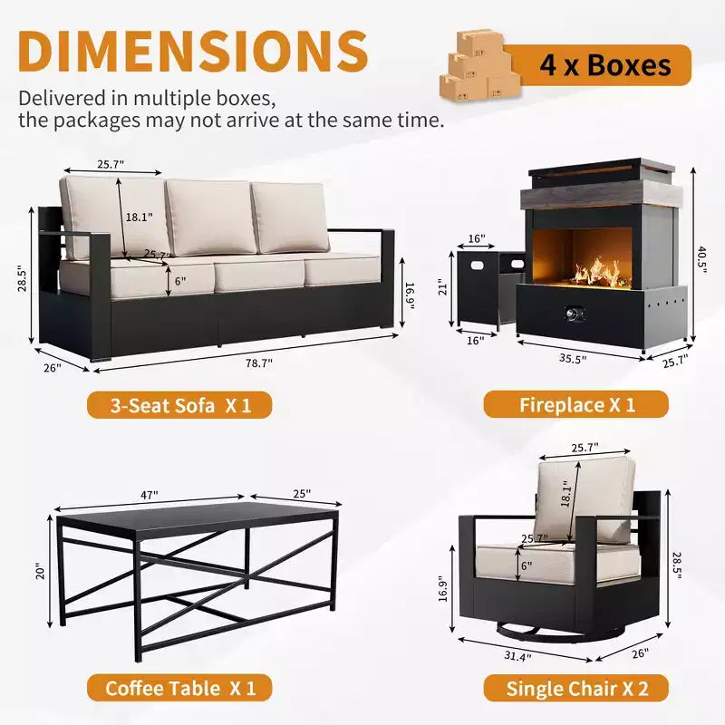 UPTIOT 5-Piece Patio Set: 3-Seat Sofa, 2 Swivel Chairs, Fire Table & Coffee Table with UV-Resistant Olefin Fabric