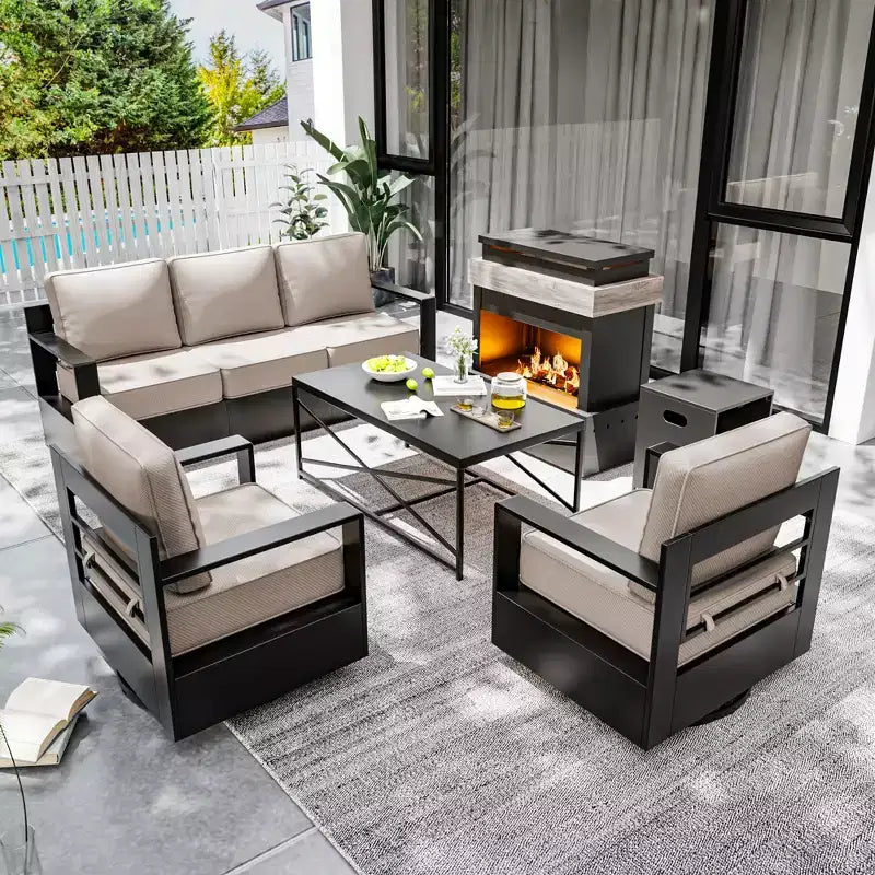 UPTIOT 5-Piece Patio Set: 3-Seat Sofa, 2 Swivel Chairs, Fire Table & Coffee Table with UV-Resistant Olefin Fabric