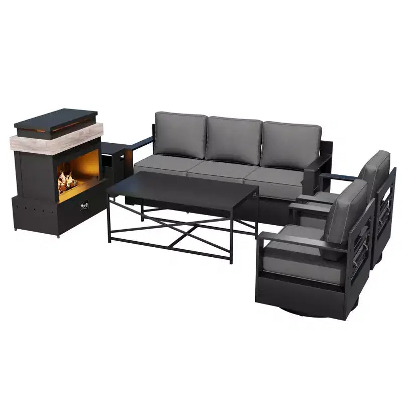 UPTIOT 5-Piece Patio Set: 3-Seat Sofa, 2 Swivel Chairs, Fire Table & Coffee Table with UV-Resistant Olefin Fabric