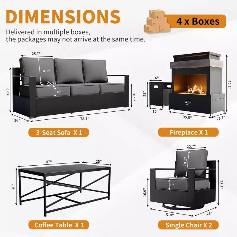 UPTIOT 5-Piece Patio Set: 3-Seat Sofa, 2 Swivel Chairs, Fire Table & Coffee Table with UV-Resistant Olefin Fabric