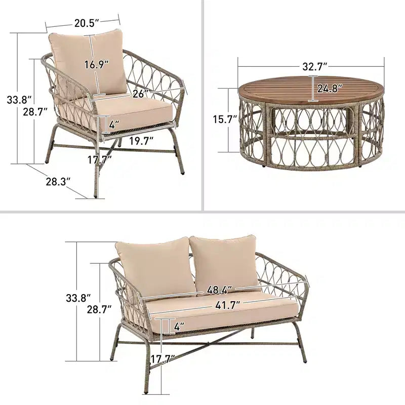 GDFStudio Isla Patio Bohemian Coastal 4-Piece Wicker Seating Set with Wood Oval Coffee Table and Removable Cushions