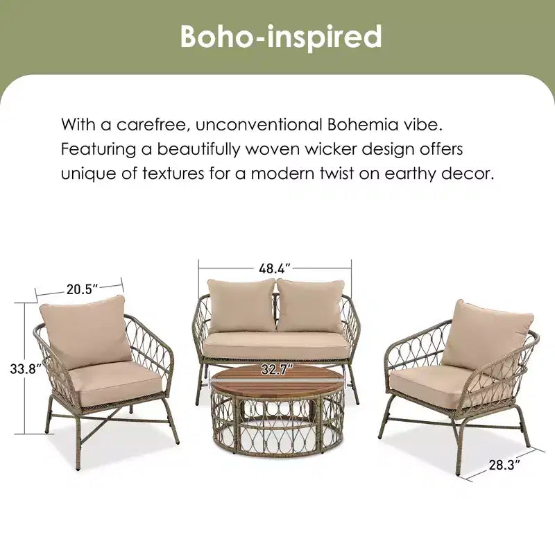 GDFStudio Isla Patio Bohemian Coastal 4-Piece Wicker Seating Set with Wood Oval Coffee Table and Removable Cushions
