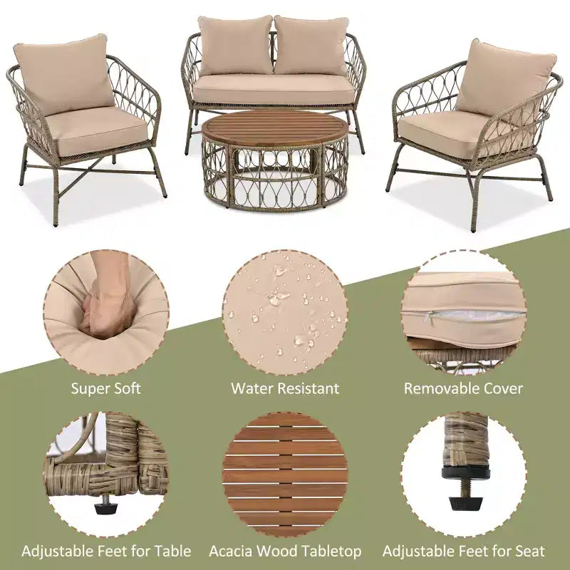 GDFStudio Isla Patio Bohemian Coastal 4-Piece Wicker Seating Set with Wood Oval Coffee Table and Removable Cushions