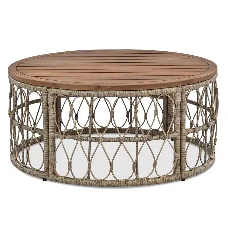 GDFStudio Isla Patio Bohemian Coastal 4-Piece Wicker Seating Set with Wood Oval Coffee Table and Removable Cushions