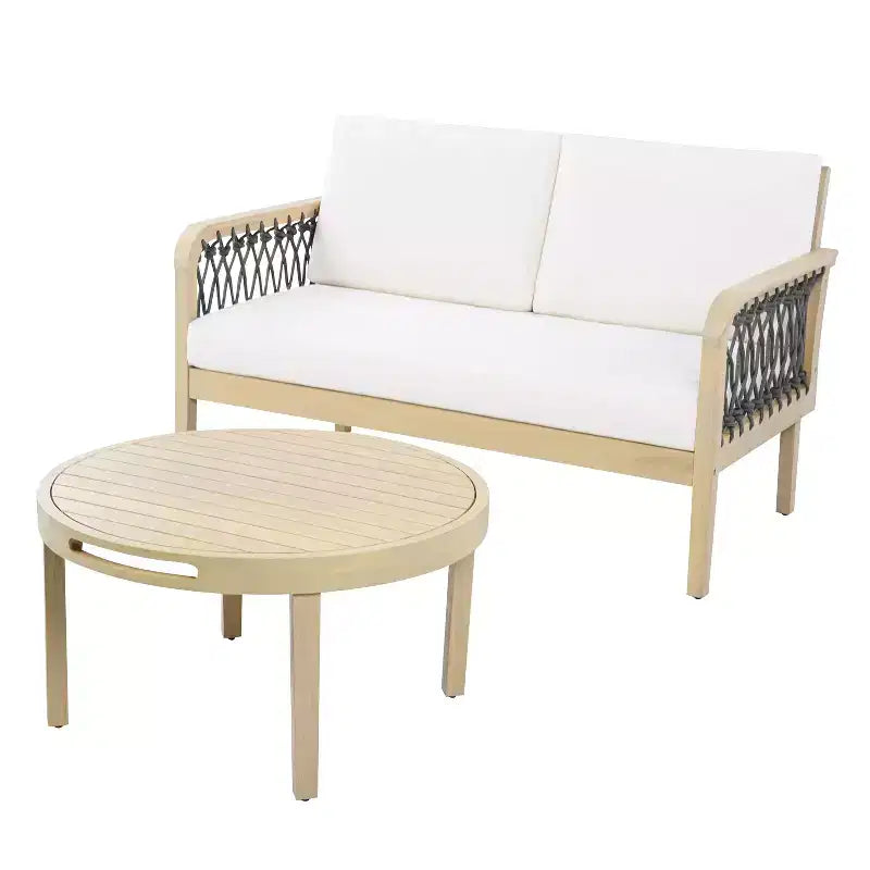 Christopher Knight Home Tzuyu Farmhouse Outdoor Acacia Wood Loveseat and Coffee Table Set with Handwoven Rope