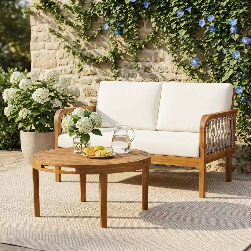 Christopher Knight Home Tzuyu Farmhouse Outdoor-Loveseat und Couchtisch-Set aus Akazienholz mit handgeflochtenem Seil