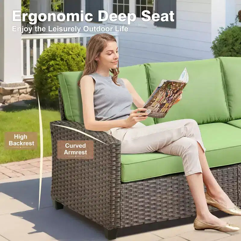 HOMLUX 6 PCS Wicker Patio Conversation Set 3-Seat Sofa with Cushion, Loveseat, Rattan Chairs, Ottomans for Garden Backyard