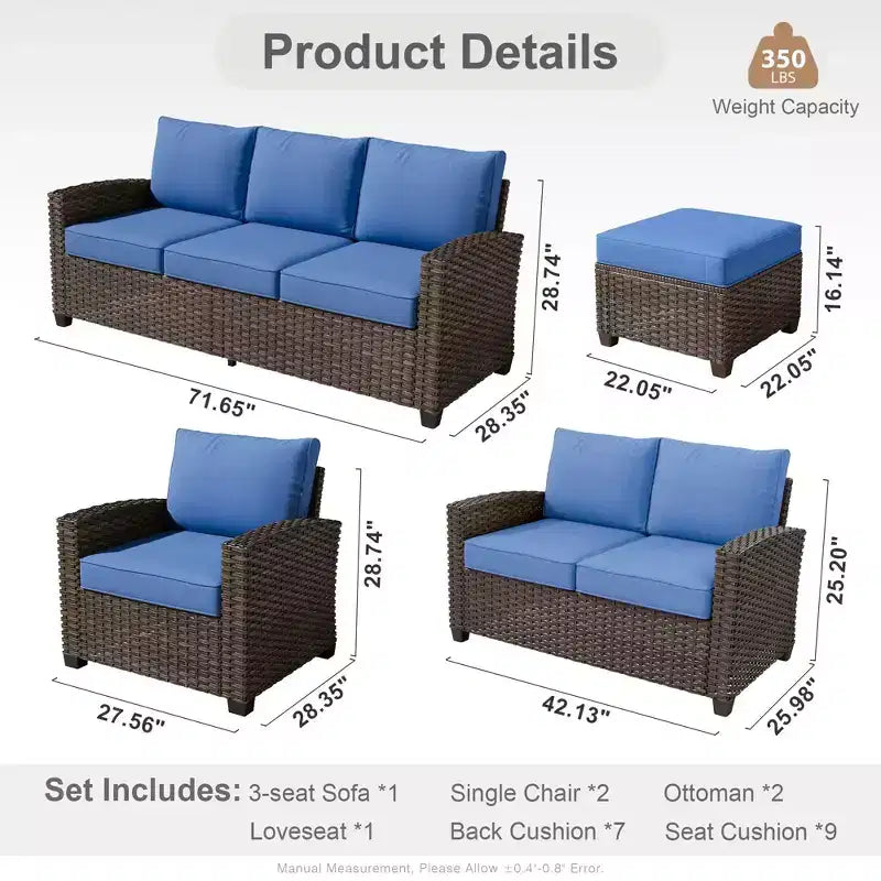 HOMLUX 6 PCS Wicker Patio Conversation Set 3-Seat Sofa with Cushion, Loveseat, Rattan Chairs, Ottomans for Garden Backyard