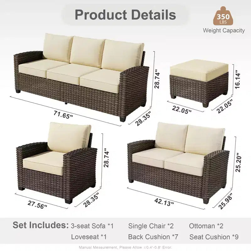 HOMLUX 6 PCS Wicker Patio Conversation Set 3-Seat Sofa with Cushion, Loveseat, Rattan Chairs, Ottomans for Garden Backyard