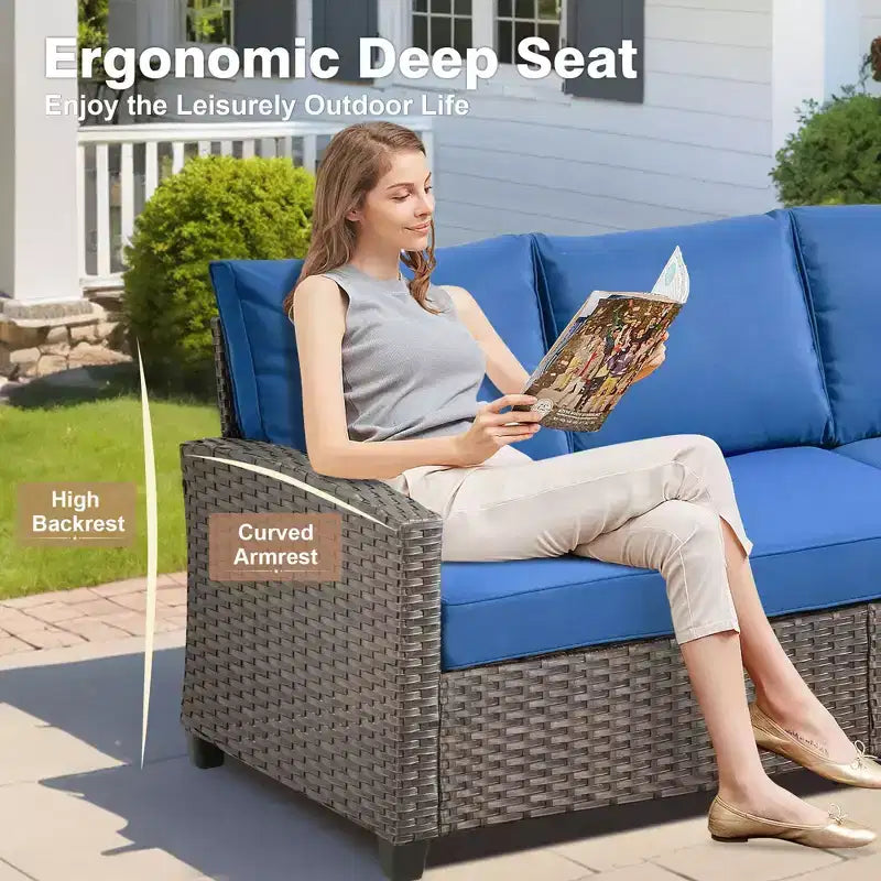HOMLUX 6 PCS Wicker Patio Conversation Set 3-Seat Sofa with Cushion, Loveseat, Rattan Chairs, Ottomans for Garden Backyard