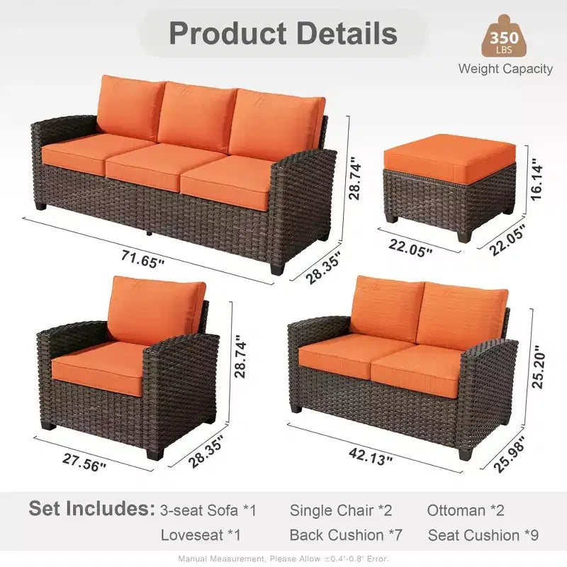 HOMLUX 6 PCS Wicker Patio Conversation Set 3-Seat Sofa with Cushion, Loveseat, Rattan Chairs, Ottomans for Garden Backyard