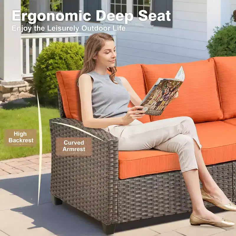 HOMLUX 6 PCS Wicker Patio Conversation Set 3-Seat Sofa with Cushion, Loveseat, Rattan Chairs, Ottomans for Garden Backyard