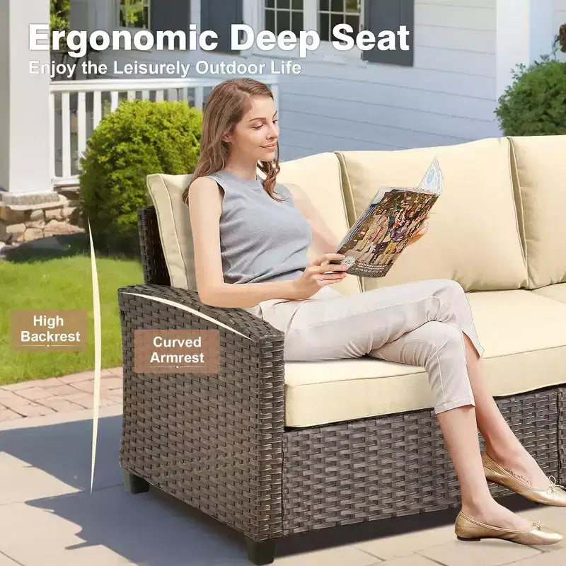 HOMLUX 6 PCS Wicker Patio Conversation Set 3-Seat Sofa with Cushion, Loveseat, Rattan Chairs, Ottomans for Garden Backyard