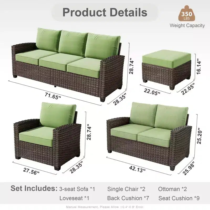 HOMLUX 6 PCS Wicker Patio Conversation Set 3-Seat Sofa with Cushion, Loveseat, Rattan Chairs, Ottomans for Garden Backyard