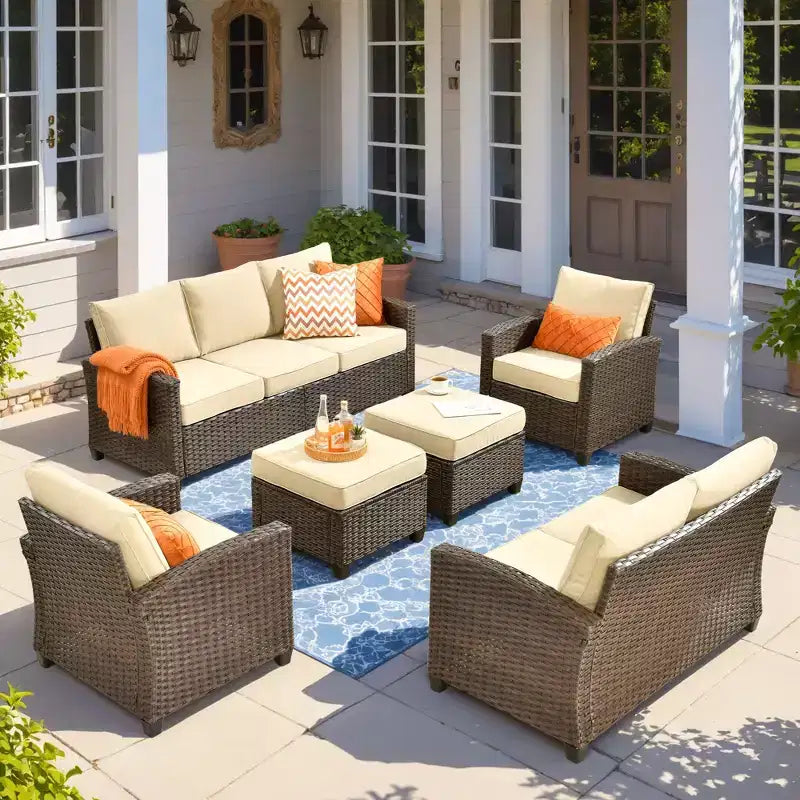 HOMLUX 6 PCS Wicker Patio Conversation Set 3-Seat Sofa with Cushion, Loveseat, Rattan Chairs, Ottomans for Garden Backyard