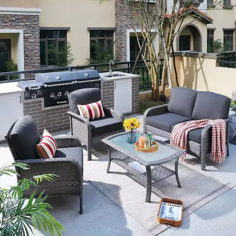 HOMLUX 4 PCS Patio Conversation Set Outdoor Wicker Rattan Chairs & Sofa Set, All Weather, High Back
