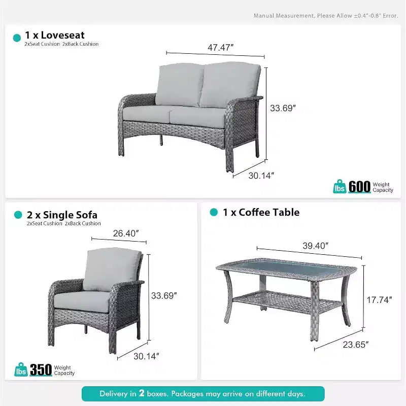 HOMLUX 4 PCS Patio Conversation Set Outdoor Wicker Rattan Chairs & Sofa Set, All Weather, High Back