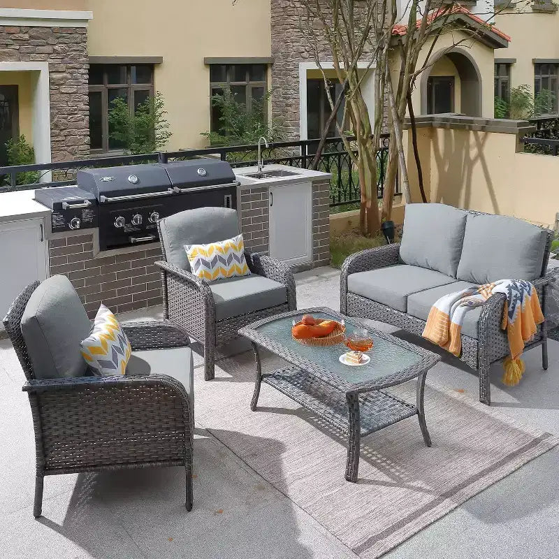 HOMLUX 4 PCS Patio Conversation Set Outdoor Wicker Rattan Chairs & Sofa Set, All Weather, High Back