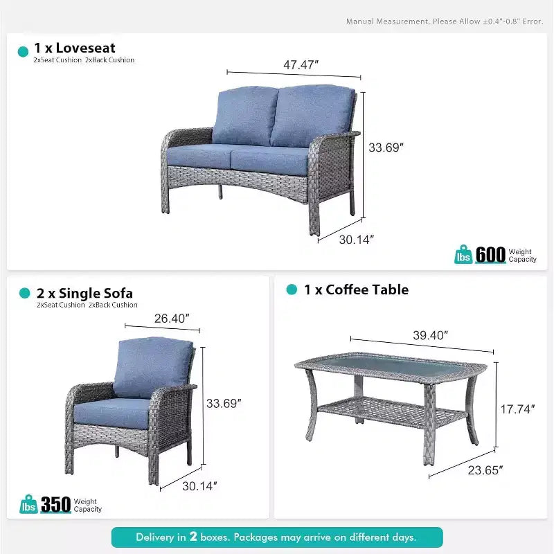 HOMLUX 4 PCS Patio Conversation Set Outdoor Wicker Rattan Chairs & Sofa Set, All Weather, High Back