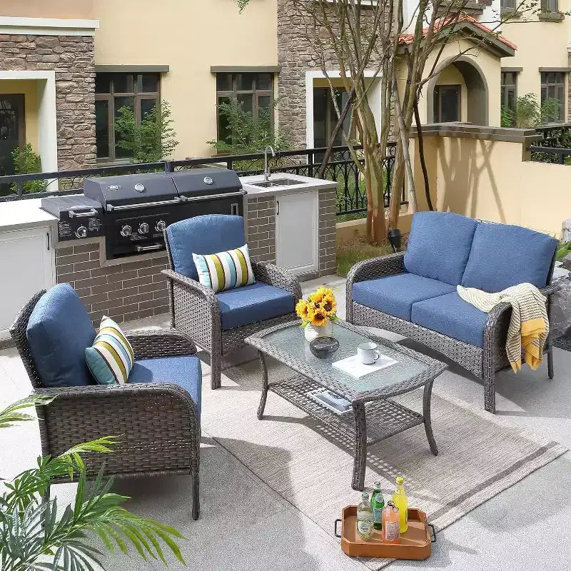 HOMLUX 4 PCS Patio Conversation Set Outdoor Wicker Rattan Chairs & Sofa Set, All Weather, High Back
