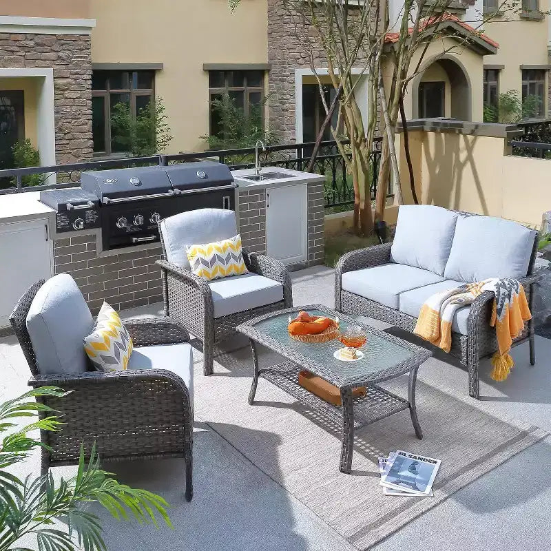 HOMLUX 4 PCS Patio Conversation Set Outdoor Wicker Rattan Chairs & Sofa Set, All Weather, High Back