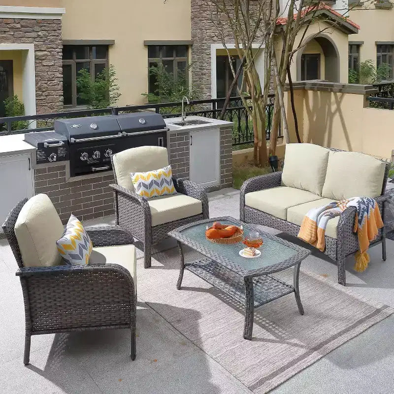 HOMLUX 4 PCS Patio Conversation Set Outdoor Wicker Rattan Chairs & Sofa Set, All Weather, High Back