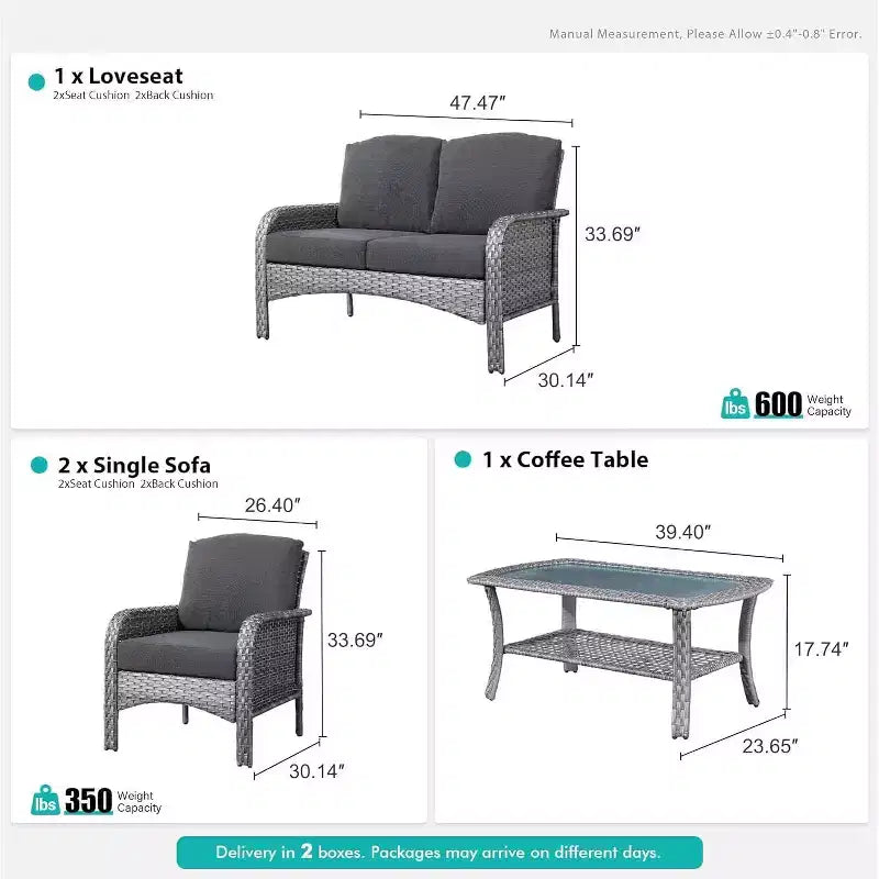 HOMLUX 4 PCS Patio Conversation Set Outdoor Wicker Rattan Chairs & Sofa Set, All Weather, High Back