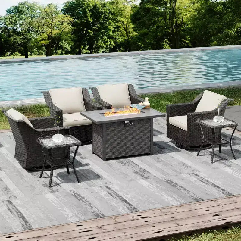 UPTIOT Outdoor Retreat Set: 4 Rocking Chairs, Two Coffee Tables & Multi-Function Fire Pit