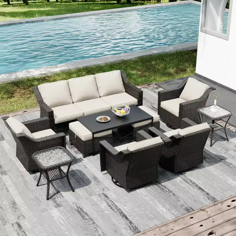 UPTIOT Premium Outdoor Collection: 3-Seat Sofa, 4 Rockers, Dual Tables, Ottoman Pair & Dining Table