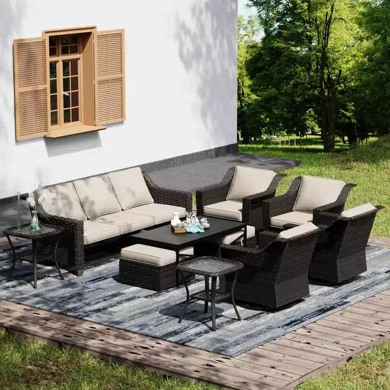 UPTIOT Premium Outdoor Collection: 3-Seat Sofa, 4 Rockers, Dual Tables, Ottoman Pair & Dining Table