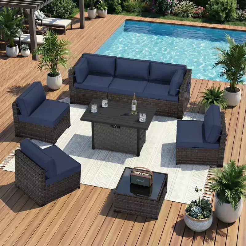 UPTIOT Premium Outdoor Sofa Set with Corner Loungers, Accent Chairs & Grey Convertible Fire Table for Ultimate Patio Comfort