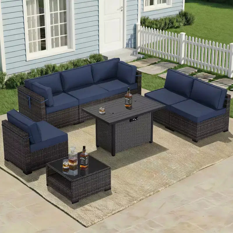 UPTIOT Premium Outdoor Sofa Set with Corner Loungers, Accent Chairs & Grey Convertible Fire Table for Ultimate Patio Comfort