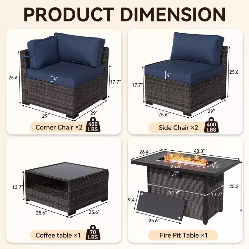 UPTIOT Premium Outdoor Sofa Set with Corner Loungers, Accent Chairs & Grey Convertible Fire Table for Ultimate Patio Comfort