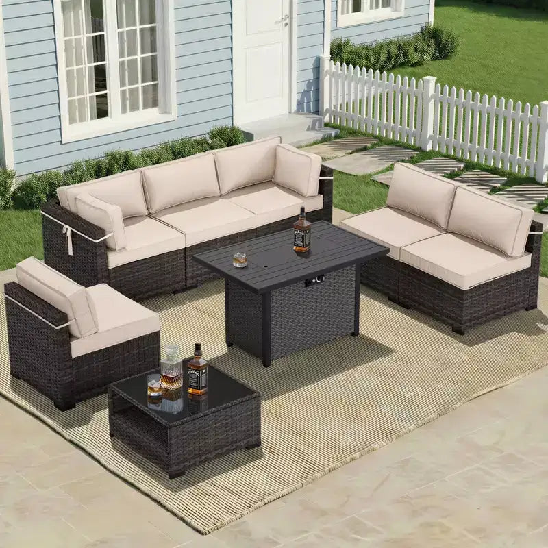 UPTIOT Premium Outdoor Sofa Set with Corner Loungers, Accent Chairs & Grey Convertible Fire Table for Ultimate Patio Comfort