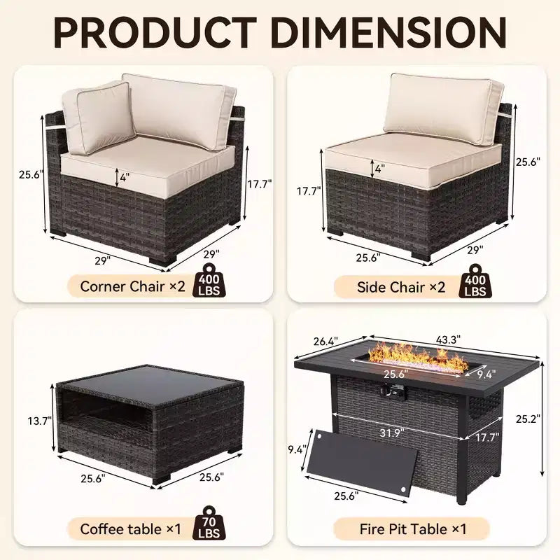 UPTIOT Premium Outdoor Sofa Set with Corner Loungers, Accent Chairs & Grey Convertible Fire Table for Ultimate Patio Comfort
