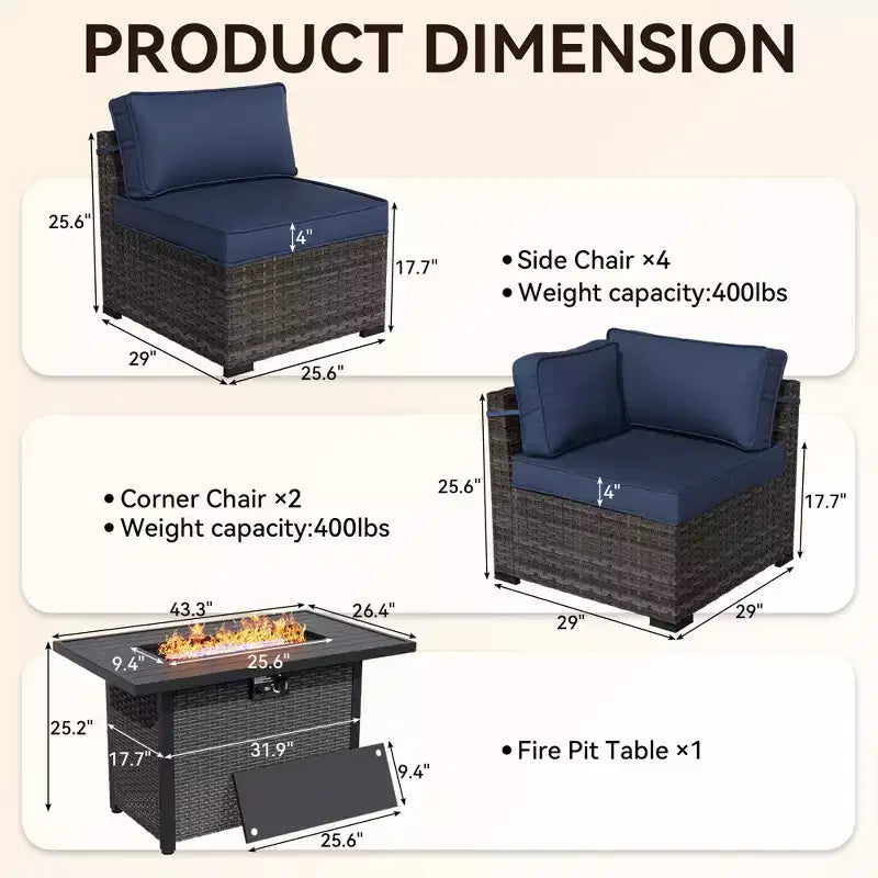 UPTIOT All-Weather Patio Set with Corner Loungers, Deep-Seat Chairs & Grey Convertible Fire Table for Ultimate Outdoor Comfort
