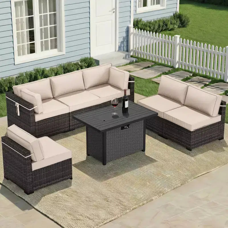 UPTIOT All-Weather Patio Set with Corner Loungers, Deep-Seat Chairs & Grey Convertible Fire Table for Ultimate Outdoor Comfort