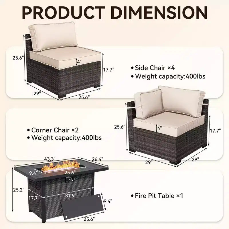 UPTIOT All-Weather Patio Set with Corner Loungers, Deep-Seat Chairs & Grey Convertible Fire Table for Ultimate Outdoor Comfort