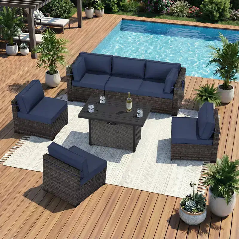 UPTIOT All-Weather Patio Set with Corner Loungers, Deep-Seat Chairs & Grey Convertible Fire Table for Ultimate Outdoor Comfort