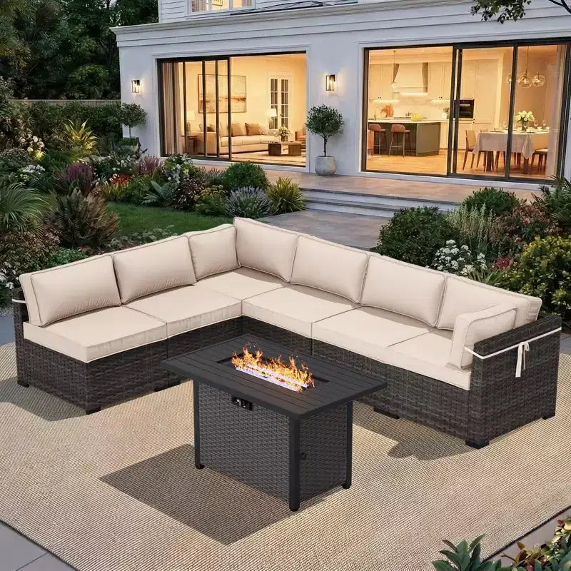 UPTIOT All-Weather Patio Set with Corner Loungers, Deep-Seat Chairs & Grey Convertible Fire Table for Ultimate Outdoor Comfort