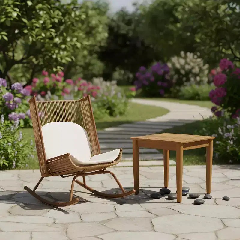Christopher Knight Home Varun Farmhouse 2 Piece Patio Dining Set with Acacia Wood Table and Iron Rocking Chair