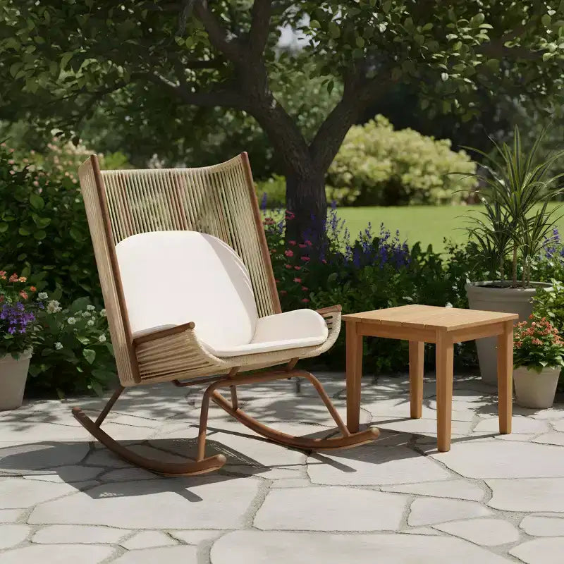 Christopher Knight Home Varun Farmhouse 2 Piece Patio Dining Set with Acacia Wood Table and Iron Rocking Chair