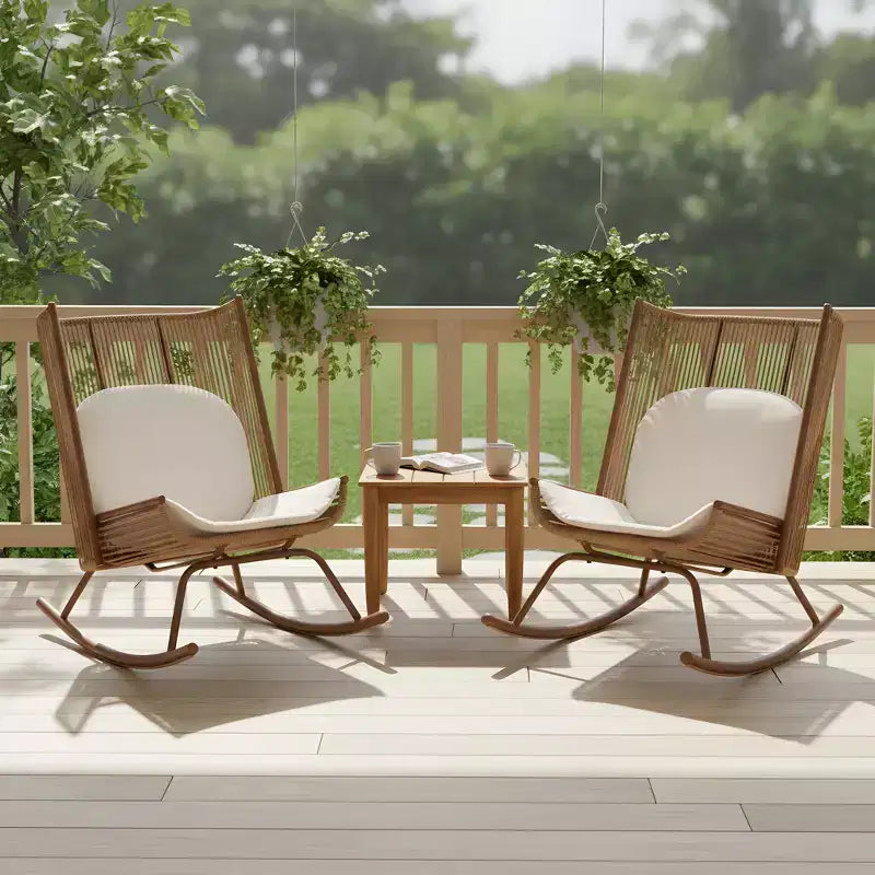 Christopher Knight Home Ved Farmhouse 3 Piece Patio Dining Set with Acacia Wood Table and Iron Rocking Chairs